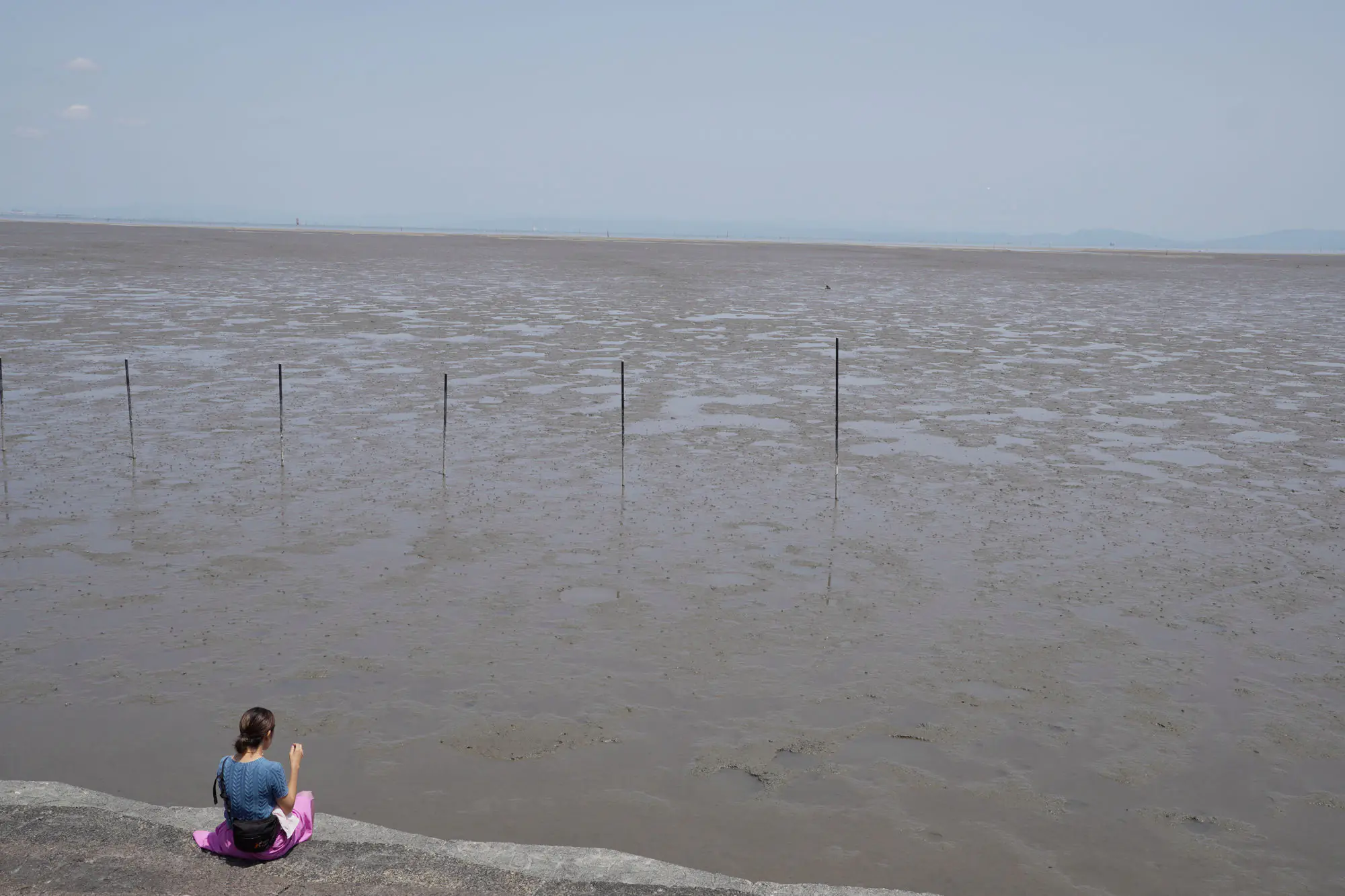 A person sitting on a seawall looking out over the vast exposed mudflats of the Ariake Sea at low tide, with rows of nori cultivation poles running toward the horizon