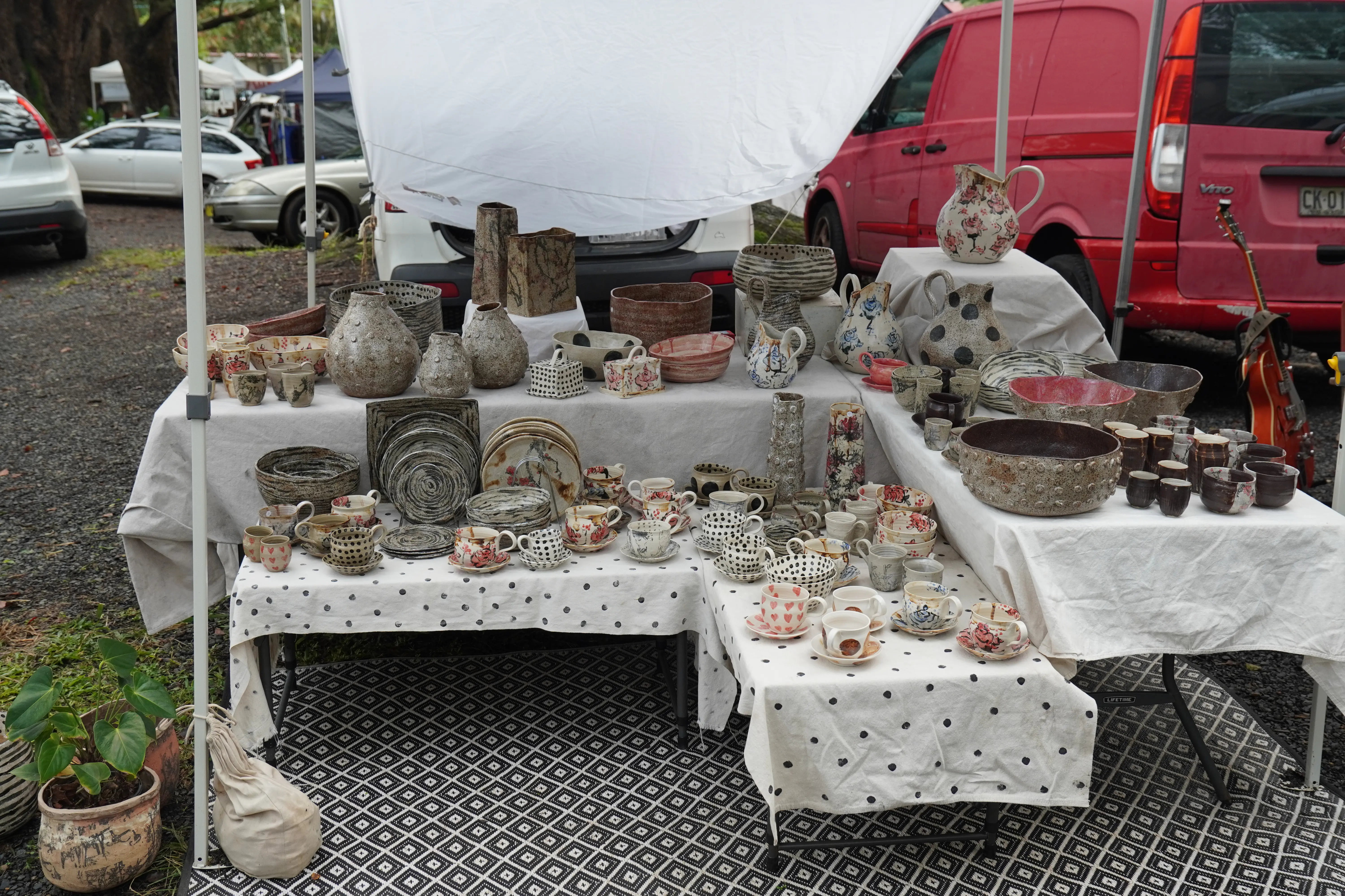 Pottery display at Bangalow Markets