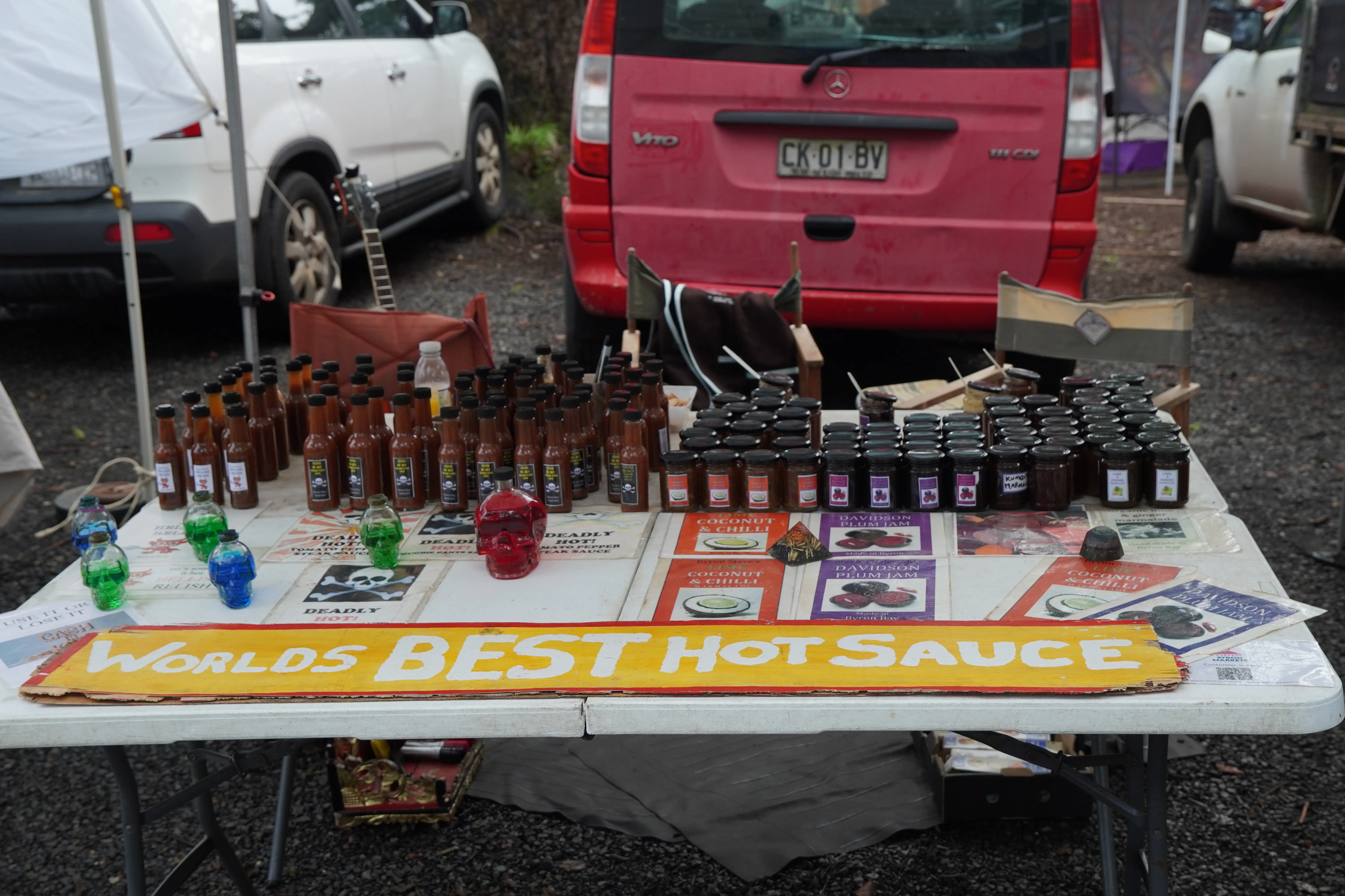 Hot sauce collection at Bangalow Markets