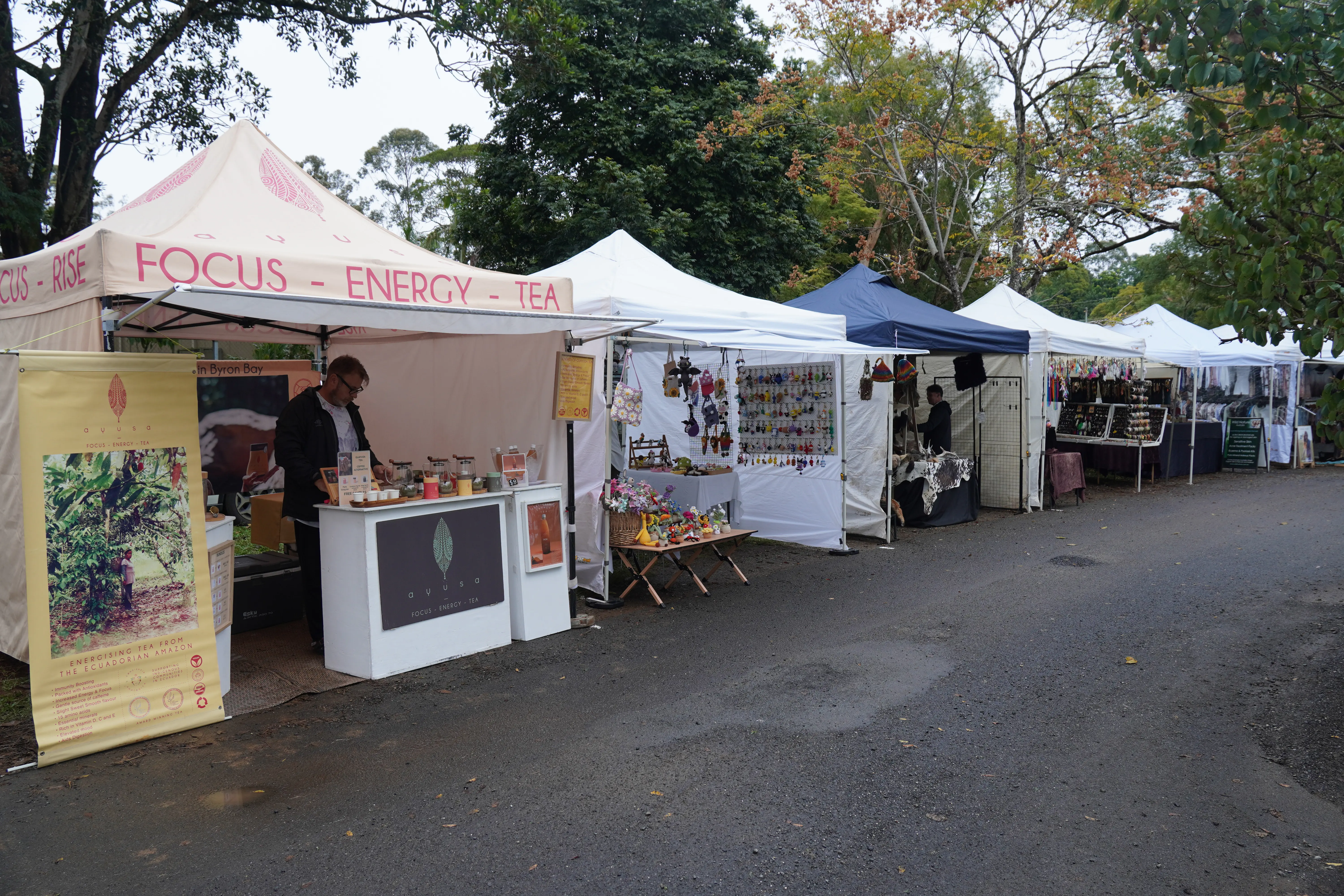 Stalls and trees around Bangalow Markets