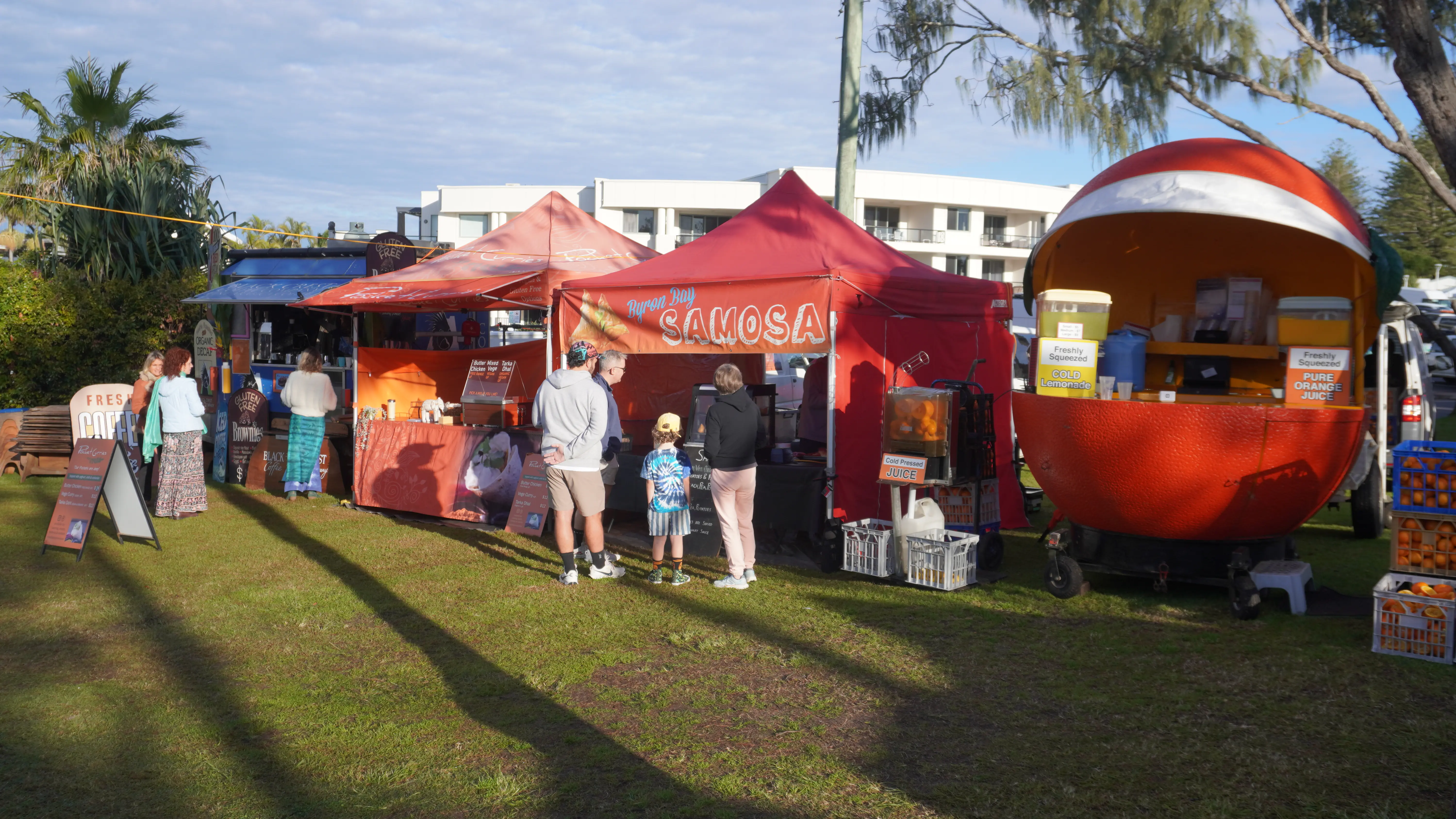 Food court stalls at Byron Bay Beachside Market with Byron Bay Samosa and Pocket Curries