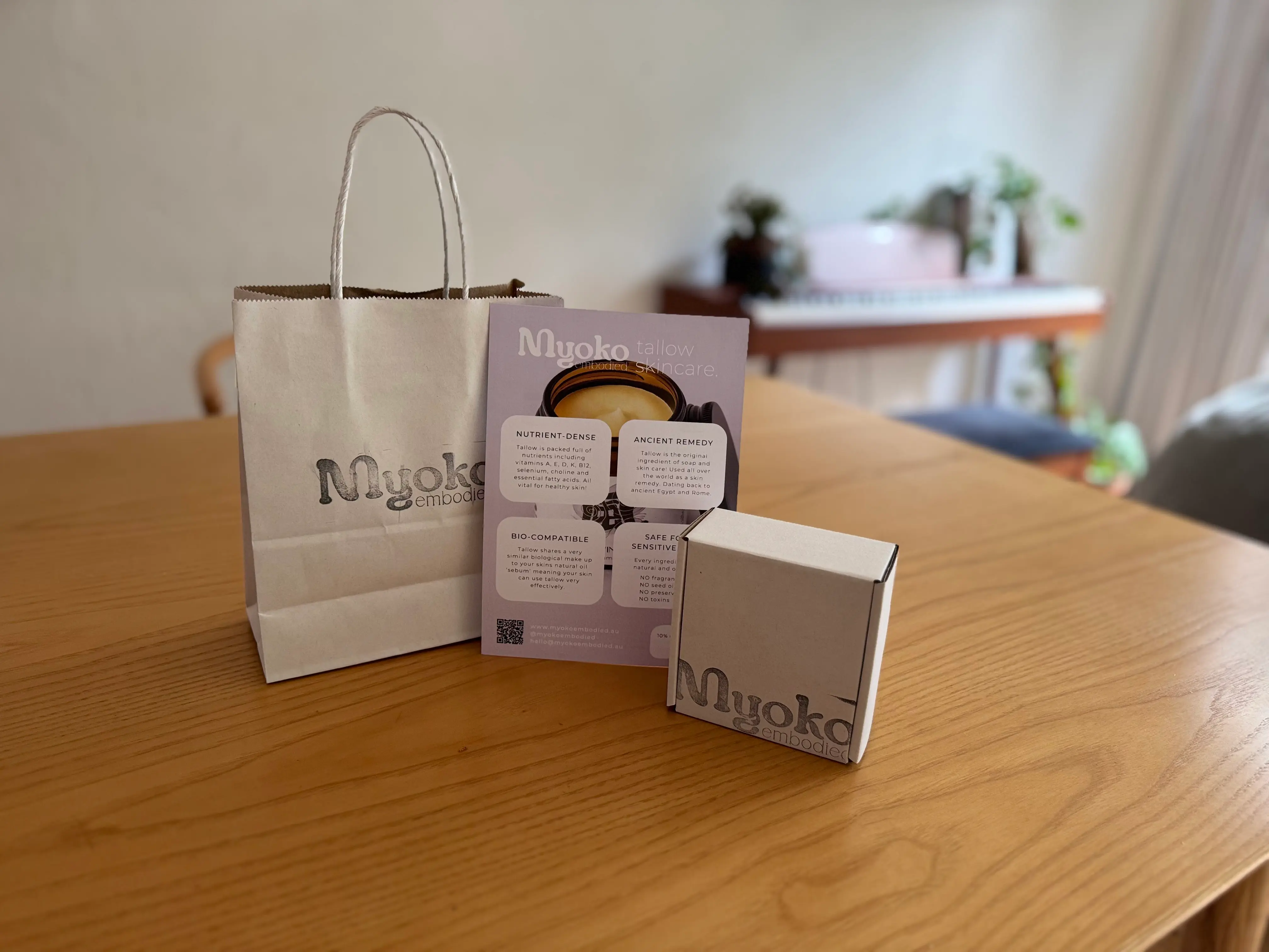 A Myoko Embodied sample pack and gift photographed at home after visiting Byron Community Market