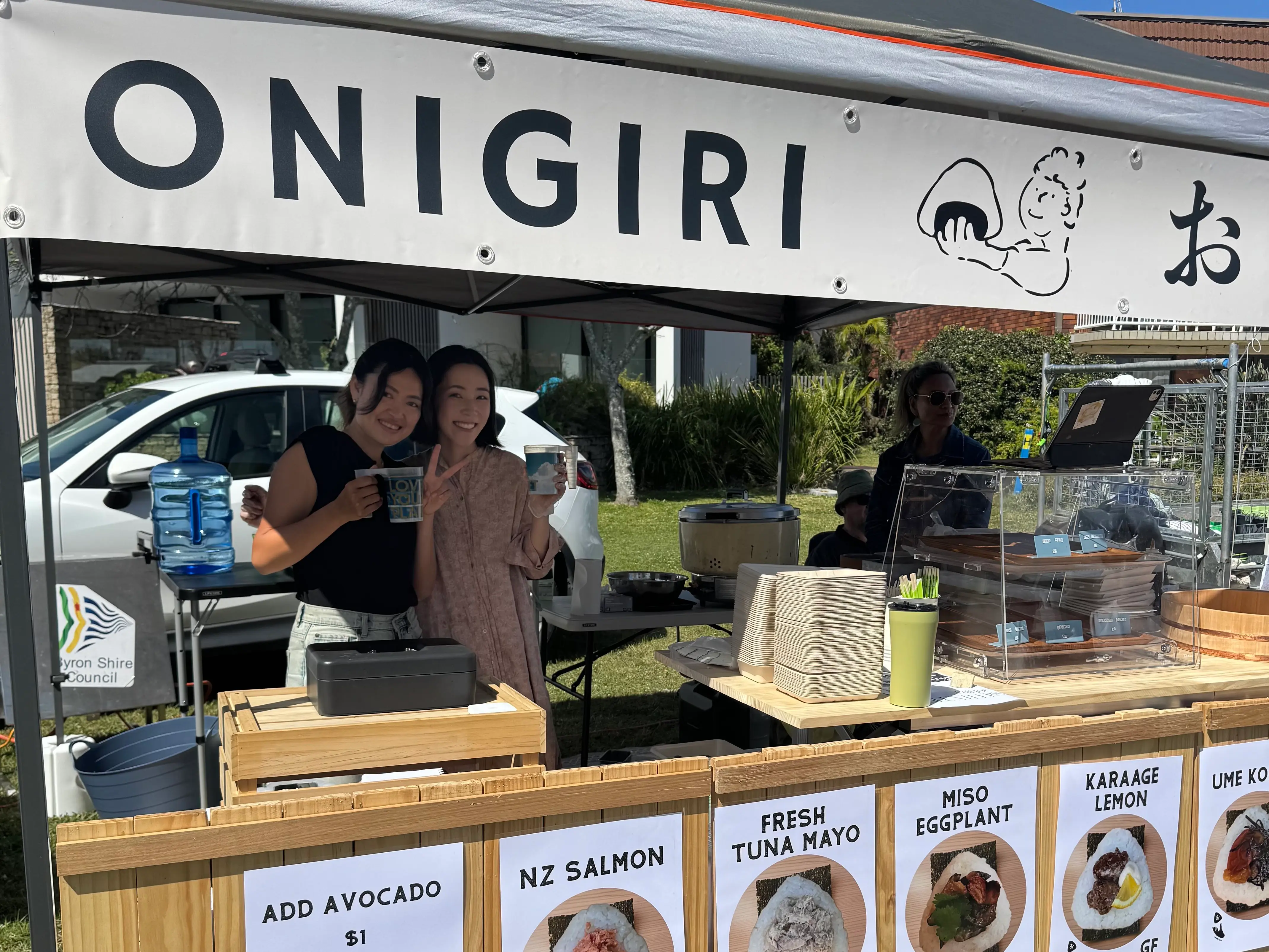 Pocket Rice onigiri stall setup with Japanese rice balls at a local Byron market