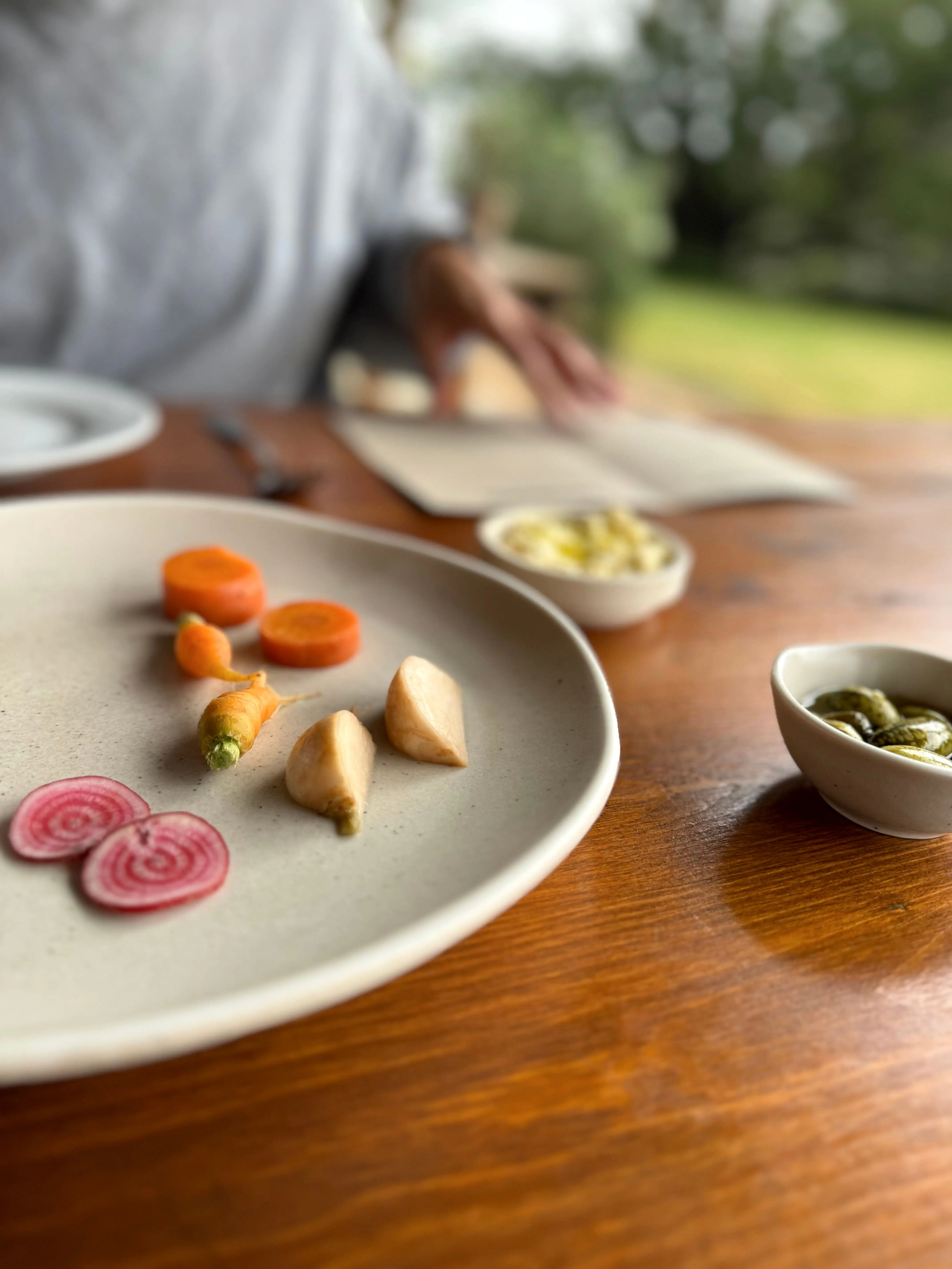 A plate of just-picked farm vegetables — candy beetroot, baby carrots and turnip — to start the meal at Frida's Field