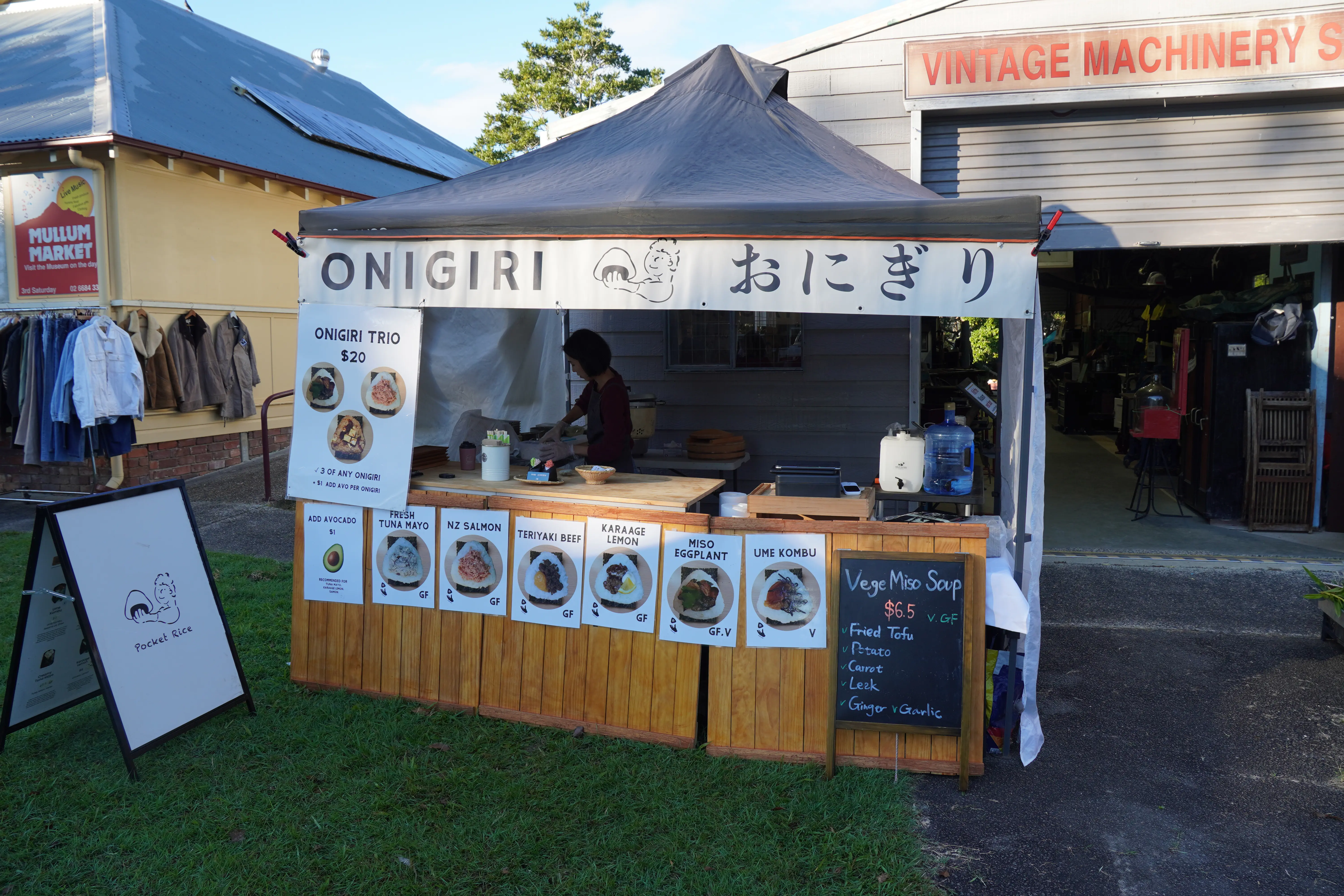 Pocket Rice onigiri and market display at Mullumbimby Community Markets