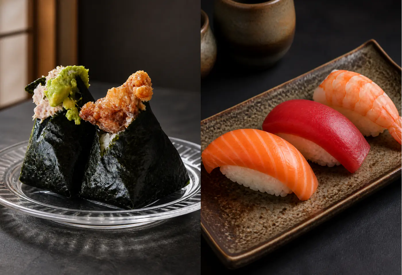 Side-by-side comparison of triangular onigiri and three pieces of nigiri sushi