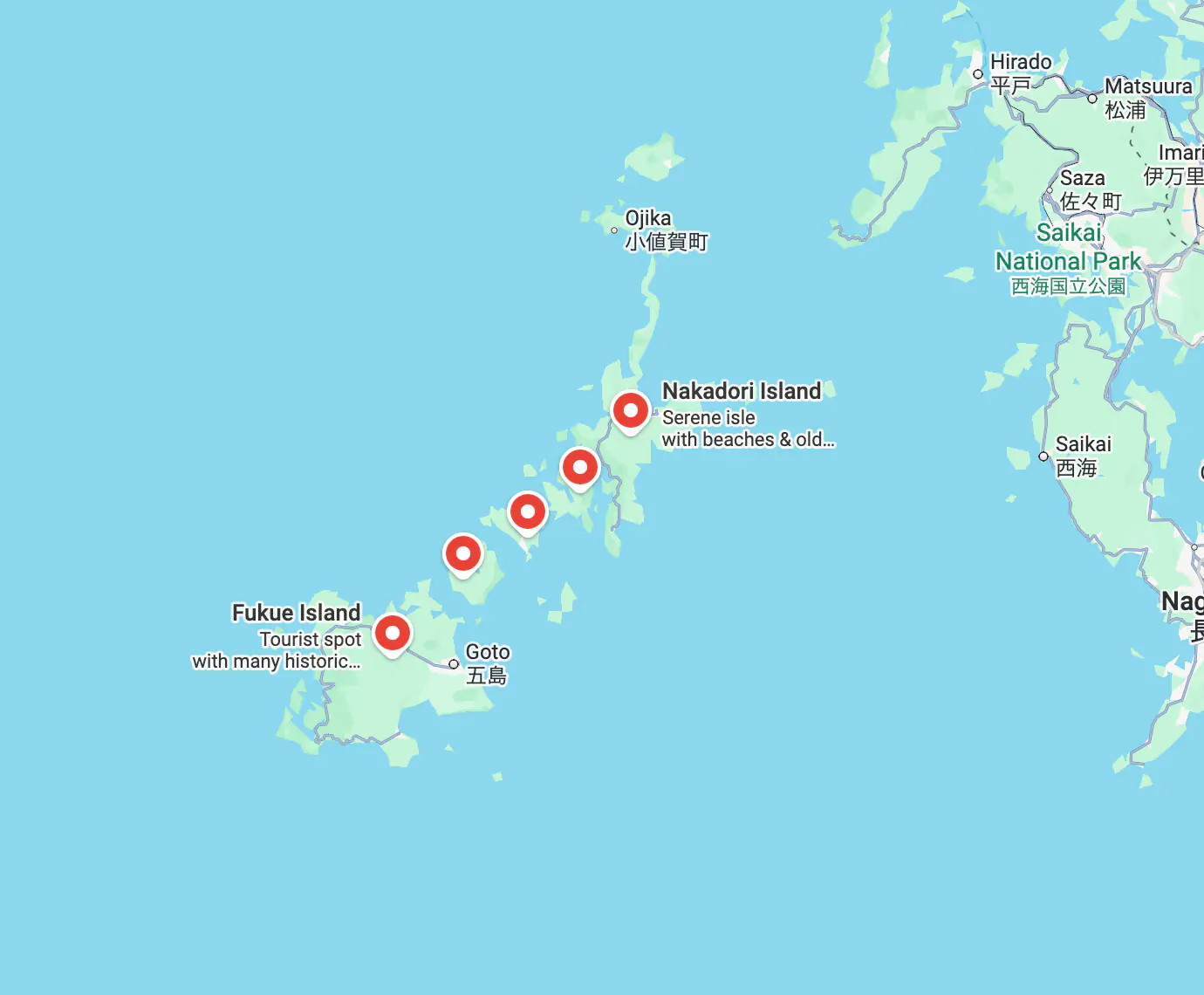 Close-up map of the Gotō Islands chain — Fukue Island and Nakadōri Island — off the coast of Nagasaki