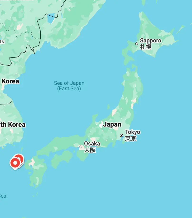 Map of Japan with a pin marking the Gotō Islands off the southwest coast, near Korea
