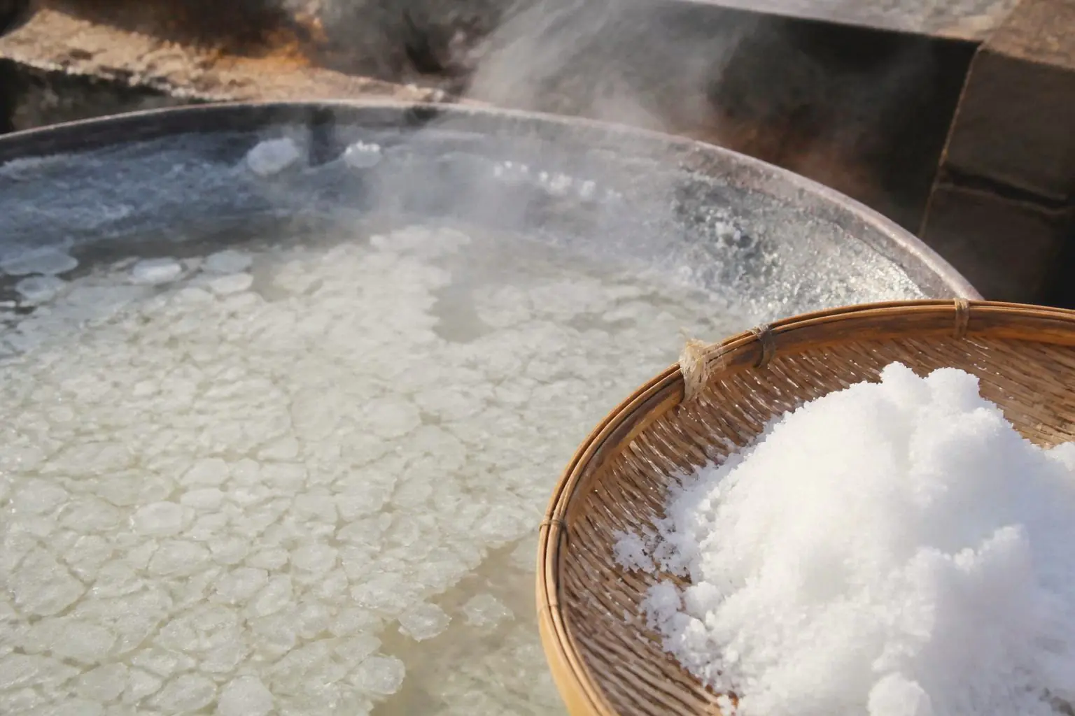 Salt crystals forming on simmering brine, beside a bamboo basket of freshly scooped salt. Image for illustration, not a photo of Yuriya salt works.