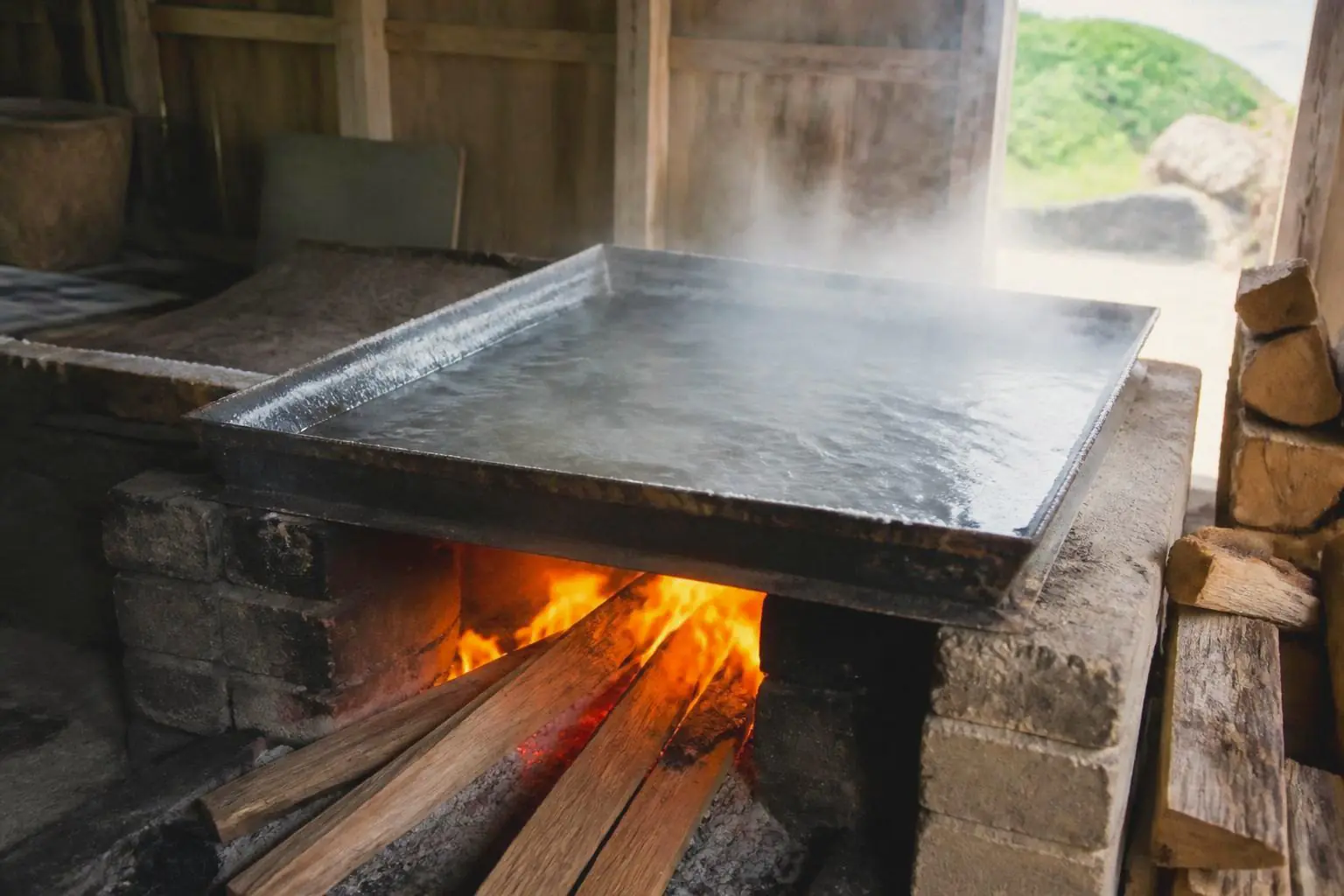 A flat iron pan of steaming brine over a wood fire in a small salt shed. Image for illustration, not a photo of Yuriya salt works.